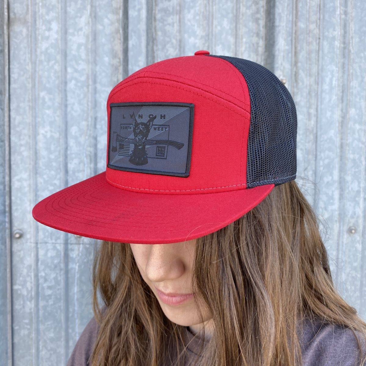 Red and black store trucker hat